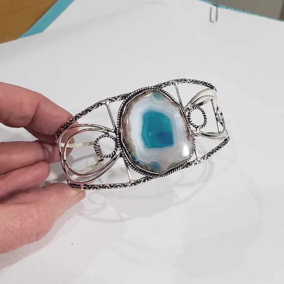 Agate Bracelet, 925 silver agate geode slice gemstone adjustable cuff bracelet - Picture 13 of 14